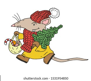Funny rat carries a Christmas tree and sweets. Rat in warm clothes comes with a Christmas tree and gifts. Cartoon mouse. Vector illustration. For design of postcards, posters, gifts