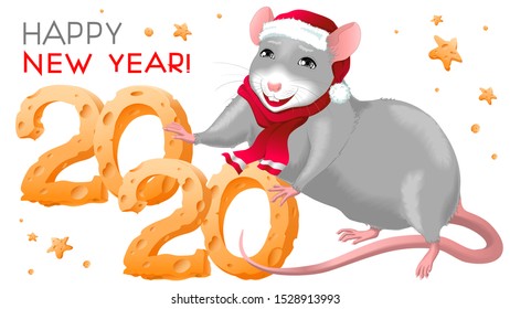 Funny rat in with cheese. Happy  Chinese  New Year 2020. Zodiac mice of Animal lucks year 2020 of the rat. Textured text 2020 with a cheese effect. Vector illustration isolated on a white backgr