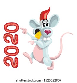 Funny rat with cheese in his mouth and Christmas hat in cartoon style.