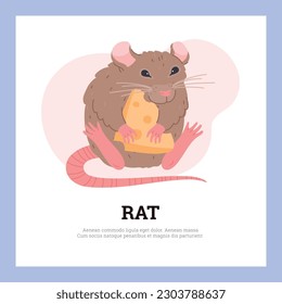 Rata divertida con queso, plantilla de afiches - ilustración vectorial plana. Un poco de queso comiendo. Publicidad de mascotas domésticas. Dibujo de animado animal de roedor.