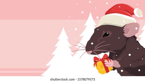 Funny rat in a Christmas hat. He smiles and gives a gift a piece of cheese. Congratulates everyone on a holiday.