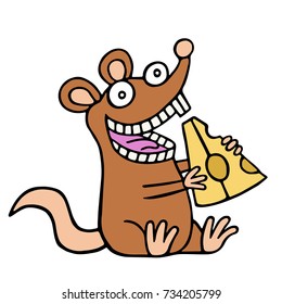 Funny rat eating a piece of cheese. Vector illustration. Cartoon happy character.