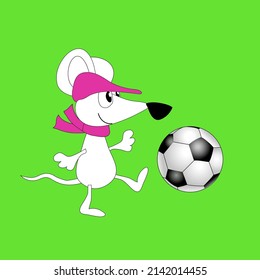 Funny rat and football ball on green background. Football poster. Vector illustration.