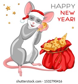 Funny rat in a hat with with a bag of cheese. Happy Chinese New Year. Zodiac mice of Animal lucks year 2020 of the rat. Vector illustration isolated on a white backgr of cheese. Happy New Year_1