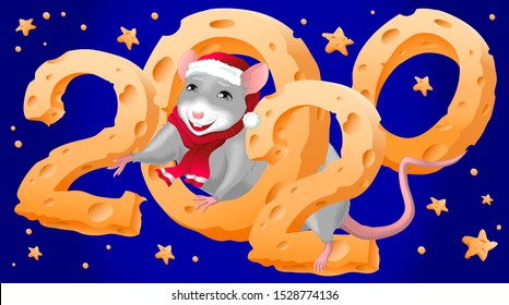 Funny rat in a hat with cheese. Happy  Chinese  New Year 2020. Zodiac mice of Animal lucks year 2020 of the rat. Textured text 2020 with a cheese effect. Vector illustration isolated on a white backgr