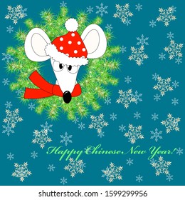 Funny rat in hat and scarf looks out of the fir wreath. Symbol of Chinese New Year 2020. There is a place for the greeting text. Design for holiday banner, Christmas and New Year cards and more.