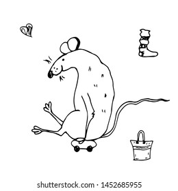 Funny rat. Hearts. Line drawing. Vector illustration.