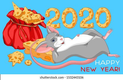 Funny rat lies on a piece of cheese. A bag of cheese. Happy Chinese New Year. Zodiac mice of Animal lucks year 2020 of the rat. 