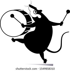Funny rat or mouse a drummer isolated illustration. Cartoon rat or mouse beats a big drum using drumstick black on white illustration
