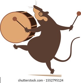 Funny rat or mouse a drummer isolated illustration. Cartoon rat or mouse beats a big drum using drumstick isolated on white illustration