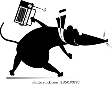 Funny rat or mouse holding a radio. 
Cartoon rat or mouse listening to music by vintage radio. Black and white illustration
