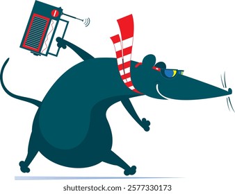 Funny rat or mouse holding a radio. Cartoon rat or mouse listening to music by vintage radio. Isolated on white background