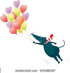 Funny rat or mouse holds a lot of balloons illustration. Cartoon rat or mouse flies on air balloons isolated on white
