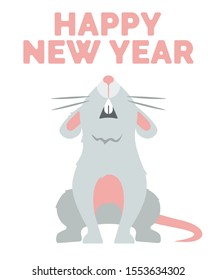 Funny rat or mouse looks up at the inscription «Happy New Year. New Year greeting card. Chinese zodiac sign and symbol of 2020. Holiday celebration. Vector illustration isolated on white background.