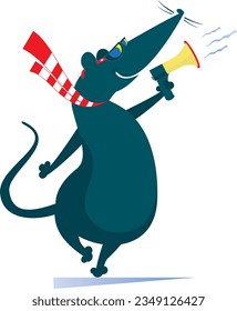 Funny Ratte oder Maus macht Ankündigung zu Megaphon-Illustration. 
Cartoon-Ratte oder Maus schreit zu Megaphon. Einzeln auf weißem Hintergrund
