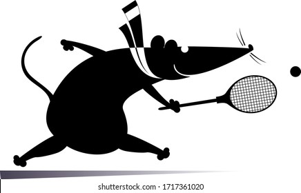 Funny rat or mouse plays tennis illustration. Cartoon rat or mouse plays tennis black on white
