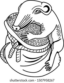 Funny rat on a bag with grain. Symbol of the year. 2020. In the style of netsuke.