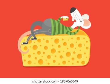 Funny rat on cheese eats piece of cheese.
