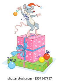 A funny rat in a red Santa hat is dancing on colorful gift boxes. In cartoon style. Isolated on  white background. Vector illustration.