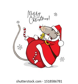 Funny Rat in a red Santa's costume with a cheese. Merry Christmas – lettering quote. New Year card, hand drawn style print. Vector illustration.