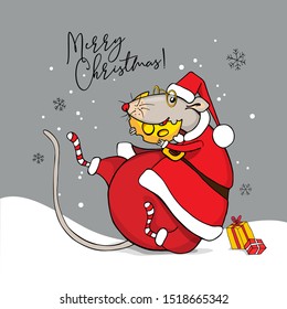 Funny Rat in a red Santa's costume, in a yellow glasses, with a big cheese and gifts. Merry Christmas – lettering quote. New Year card, hand drawn style print. Vector illustration.