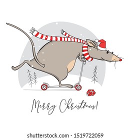 Funny Rat in a red Santa's hat, in a striped scarf, on Kick scooter. Merry Christmas – lettering quote. New Year card, hand drawn style print. Vector illustration.