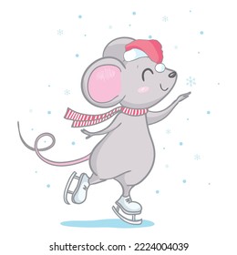Funny Rat in a red Santa's hat. Merry Christmas . New Year card, hand drawn style print. Vector illustration.