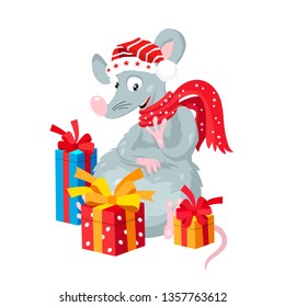 Funny rat in a red scarf and hat with gift boxes. The symbol of the new year 2020. Holiday card. Vector illustration on white background.