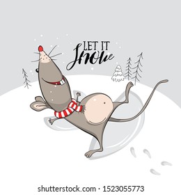 Funny Rat in a red striped scarf makes a snow angel. Let it snow – lettering quote. Merry Christmas and New Year card, hand drawn style print. Vector illustration.