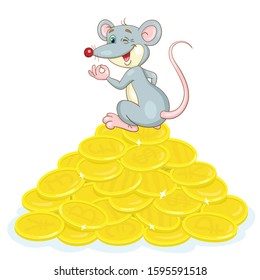 Funny rat is sitting on a mountain of gold coins. In cartoon style. Isolated on white background. Vector illustration.