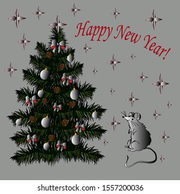 Funny rat, a symbol of the coming year, near the New Year tree. The rat is the Chinese symbol of 2020. Greeting card.Vector illustration.