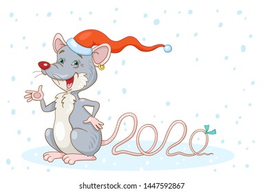 Funny rat symbol of the New Year in a red cap. In cartoon style. Isolated on white background. Vector illustration.