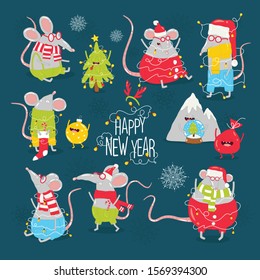 Funny rats, Christmas garland, Santa hat, Christmas tree, Christmas tree toy, snowflakes. Use for card, poster, banner, web design and print on t-shirt. Easy to edit. Vector illustration.
