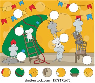 Funny rats decorate Christmas tree. Complete the puzzle and find the missing parts of the picture. Educational game for kids