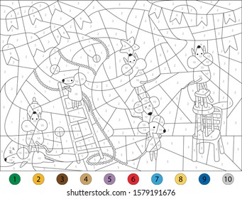 Funny rats decorate Christmas tree. Color by number educational game for kids. Illustration for schoolchild and preschool