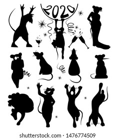 Funny rats on the number 2020, dancing, sitting, standing and 
have a good time celebrating the new year. Decoration vector set illustration EPS 10 isolated for flyers, poster, card, brochure,banner