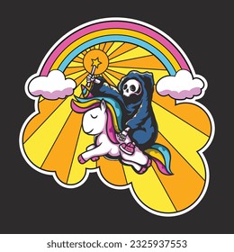 Funny Reaper Riding Unicorn with rainbow background. Icon Concept Isolated Premium Vector. Cartoon Style