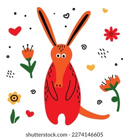 Funny red aardvark with flowers and hearts. Wild animals with flowers, hearts, dots. Stickers for kids