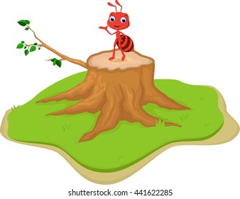 funny red ant cartoon on tree stump