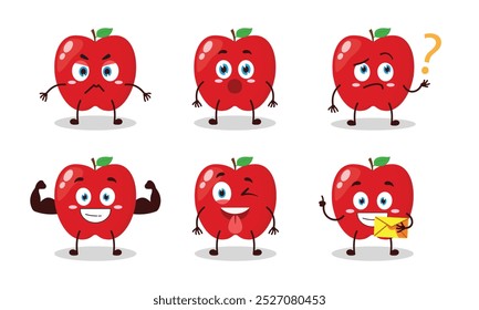 funny red apple cartoon with different expressions character vector illustration