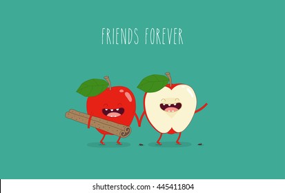 Funny red apple and cinnamon stick. Use for card, poster, banner, web design and print on t-shirt. Easy to edit. Vector illustration.