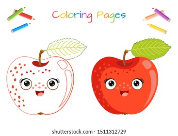 Funny Red Apple with kawaii face. Coloring, sticker, postcard, scrapbooking, products for children.