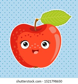 Funny Red Apple with kawaii face. Coloring, sticker, postcard, scrapbooking, products for children.