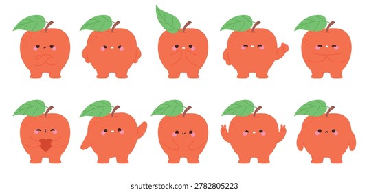 Funny red apples characters. Groovy apple different emotions. Fruit happy, laughing, joy, hold heart, greetings, indignant. Food mascots, stickers vector design
