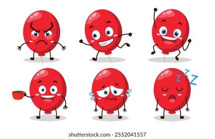 funny red balloon cartoon character with various pose activity design illustration