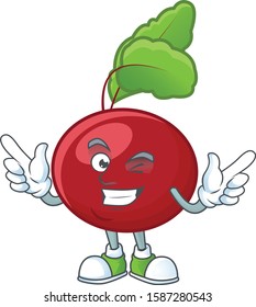 Funny red beet greens cartoon character style with Wink eye