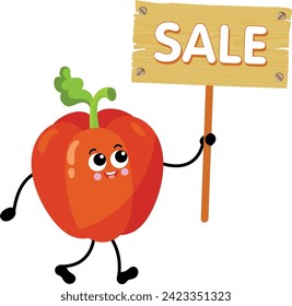 Funny red bell pepper mascot holding a wooden sign with sale inscription

