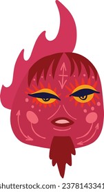 A funny red bird with a strange muzzle and an ethnic pattern. Illustration in a modern children's hand-drawn style