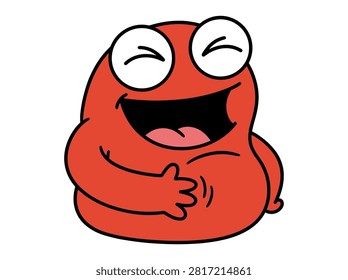 Funny red blob character laughing hysterically with eyes closed and hand on stomach, isolated on white