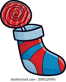 Funny red blue sock filled with red lolly pop candy